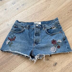 Reformation Blue Jean Shorts with Floral Embroidery
